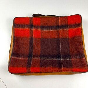 Vintage Seat cushion cover tan and plaided red (laptop pouch)
